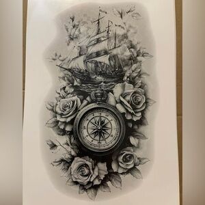 Nautical Ship & Compass Roses Realistic Temporary Fake Arm Tattoo 6” x 9” New